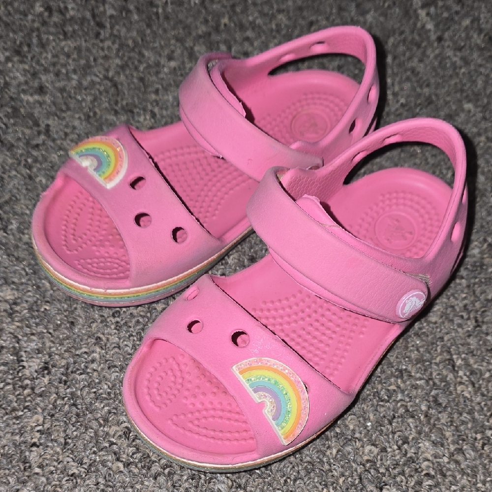 CROCS Pink Sandals with Rainbow Design and Adjustable Strap